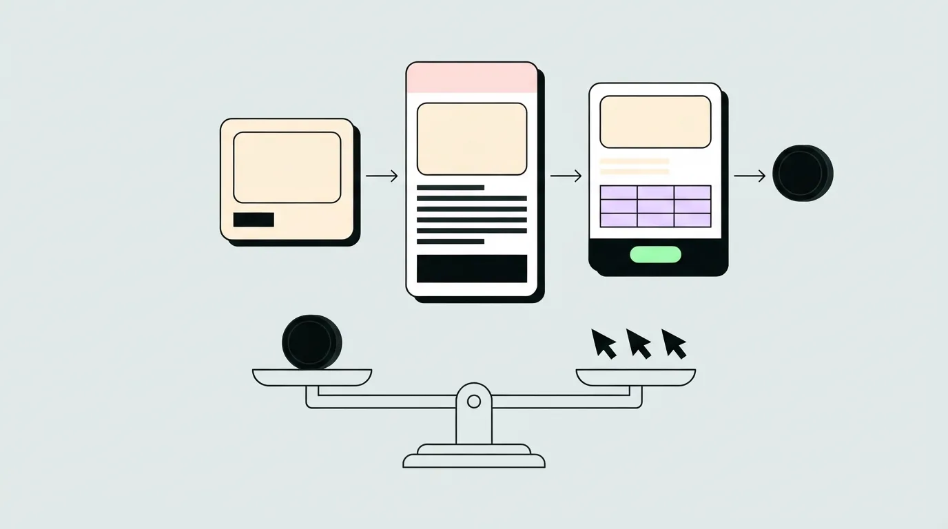 Drawn diagram of an ad, a presell page and an order form leading to one coin, above a scale balancing the coin against ad clicks