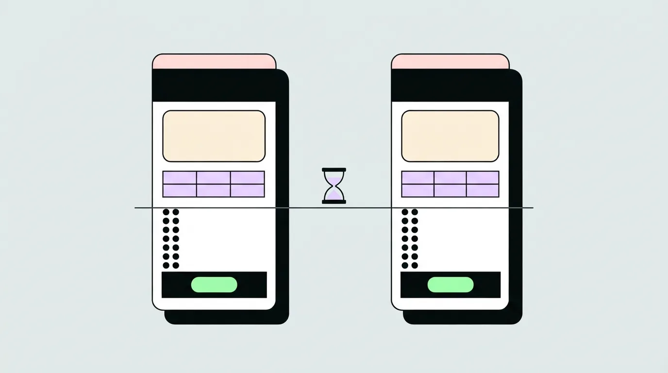 Drawn diagram of two page variants side by side, each with a column of dots reaching the same marked line, and an hourglass between them